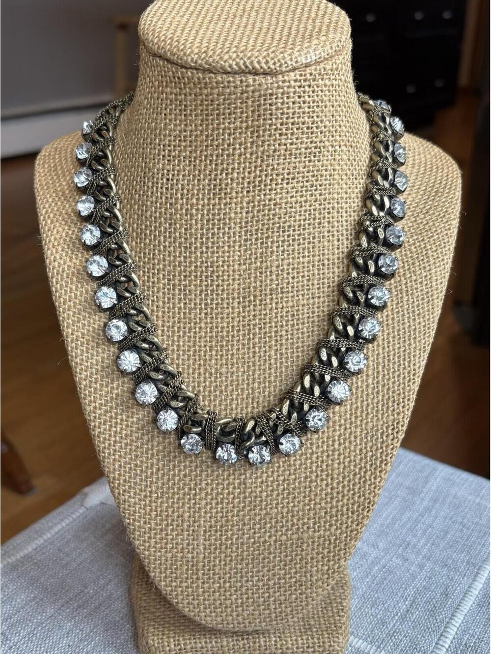 Lydell NYC NWT Statement Necklace Antiqued Gold Tone Chain Rhinestones